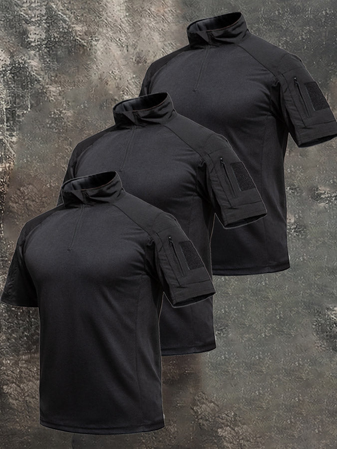 Men's Breathable Military-Style Short-Sleeve Shirt with Stand Collar and Zipper