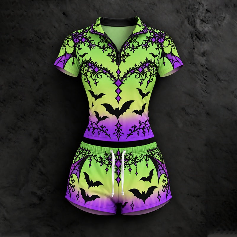 Women's Halloween Lace Bat Gradient Print Short Sleeve Top And Shorts Two-piece Set