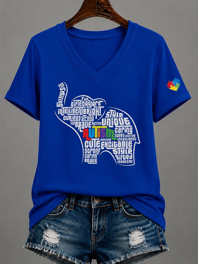 Women'S Casual V-Neck Top With Autism Awareness Print