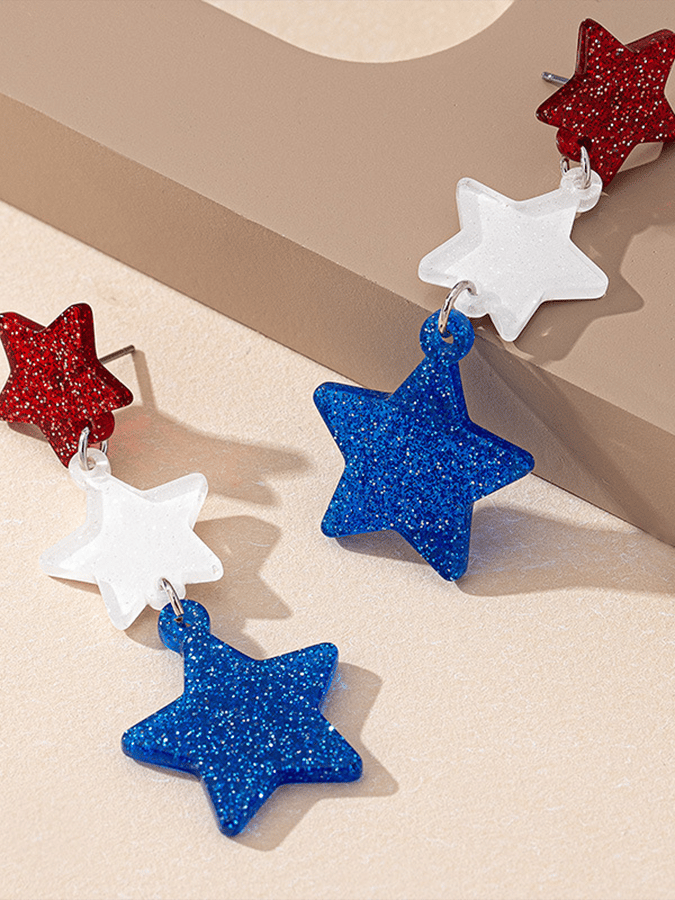 Independence Day Five-Pointed Star Three-Color Stitching Glitter Simple Earrings