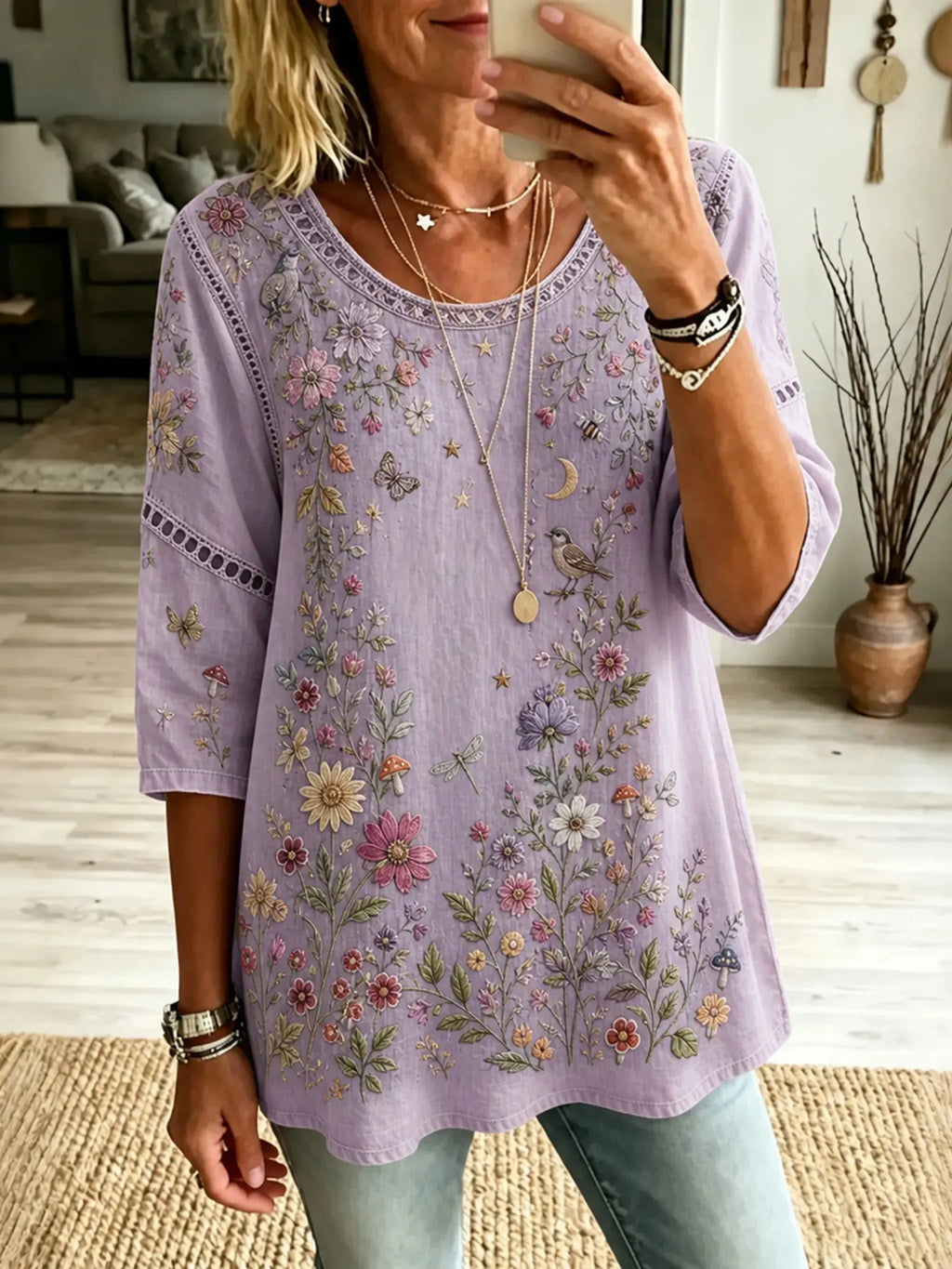 Women's Retro Boho Floral Embroidered Art Cotton Linen Crew Neck T-shirt
