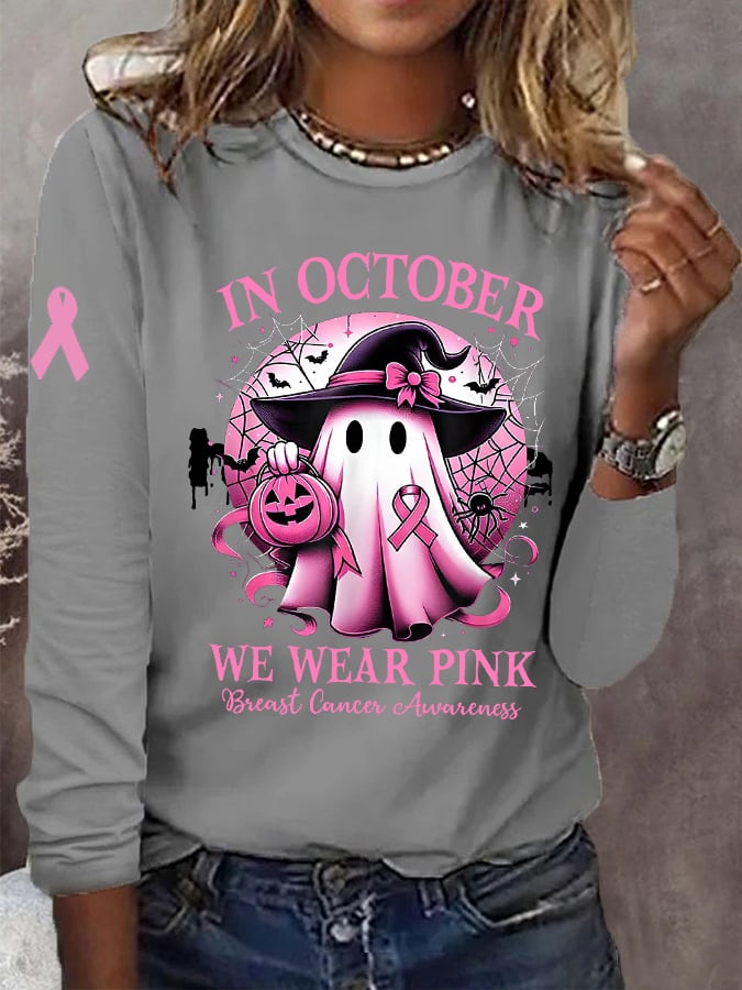 Women's In October We Wear Pink Halloween Ghost Breast Cancer Awareness Warrior Long-Sleeve T-Shirt