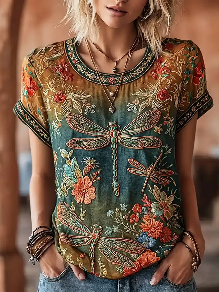 Women's Vintage Hippie Floral And Dragonfly In Rainbow Pattern Art Embroidered Linen Blend Shirts