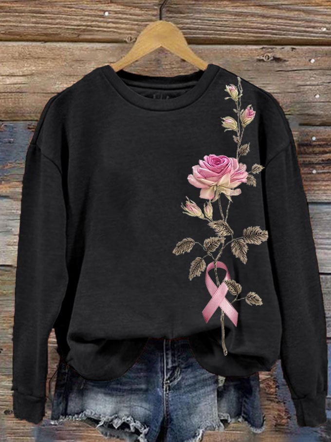 Women's Rose With Pink Ribbon Embroidered Printed Sweatshirt