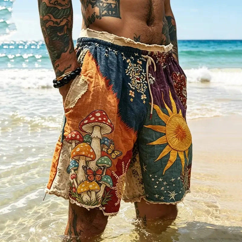 Men's Hippie Sun With Psychedelic Mushrooms Patchwork Print Casual Shorts