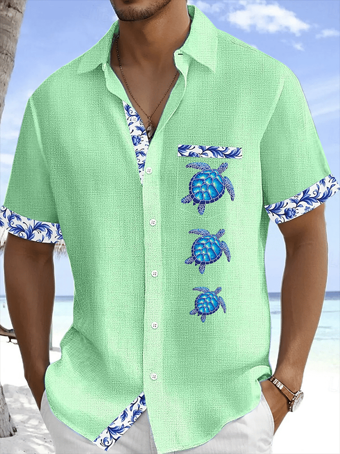 Men's Turtle Printed Casual Vacation Shirt (With Pockets)