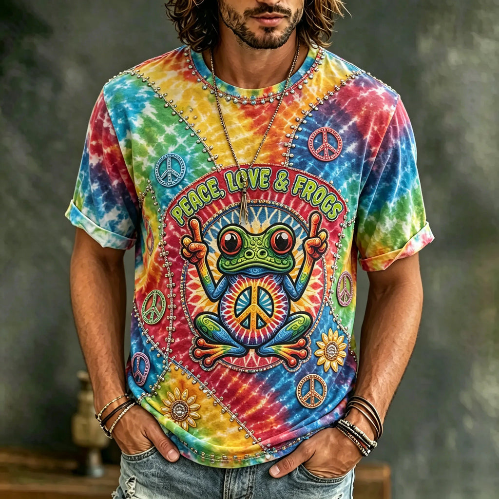 Men's Vintage Hippie Floral And Frog In Patchwork Pattern Art Embroidered T-shirt