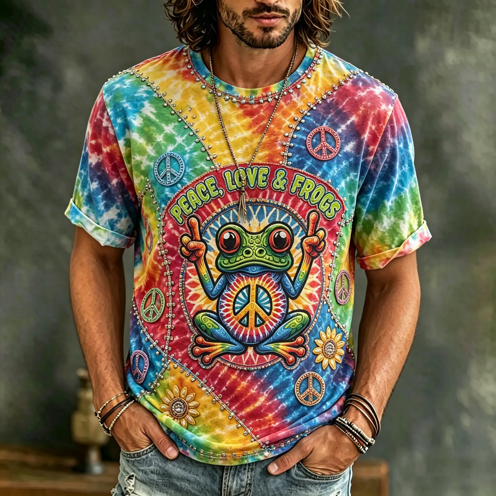 Men's Vintage Hippie Floral And Frog In Patchwork Pattern Art Embroidered T-shirt