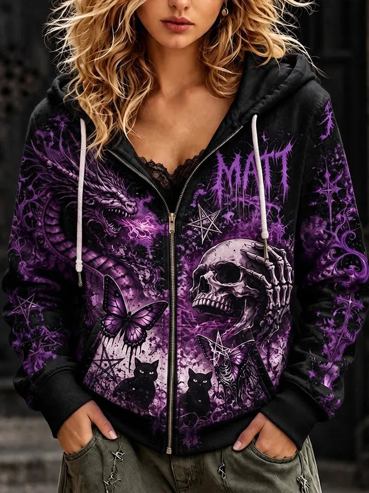 Women's Vintage Witchy Purple Dragon Skull Black Cat Gothic Zip Hoodie