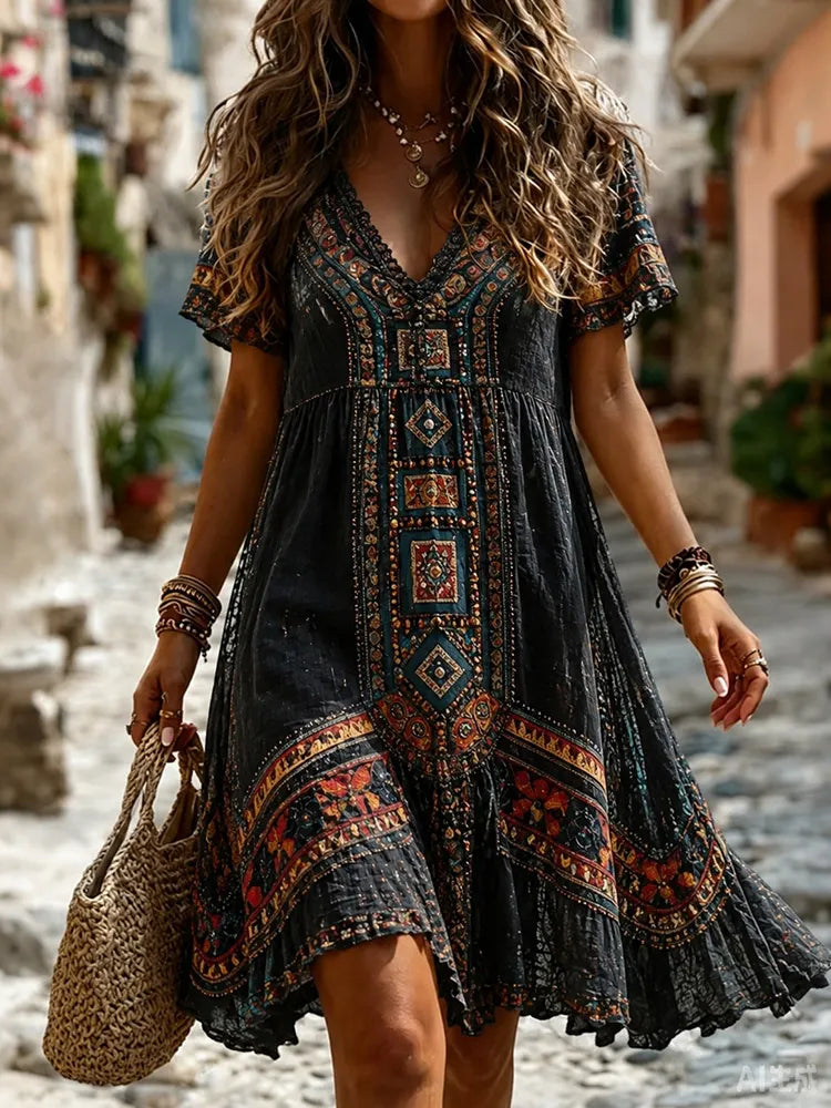 Women's Retro Hippie Art Print Casual Linen Blend Midi Dress