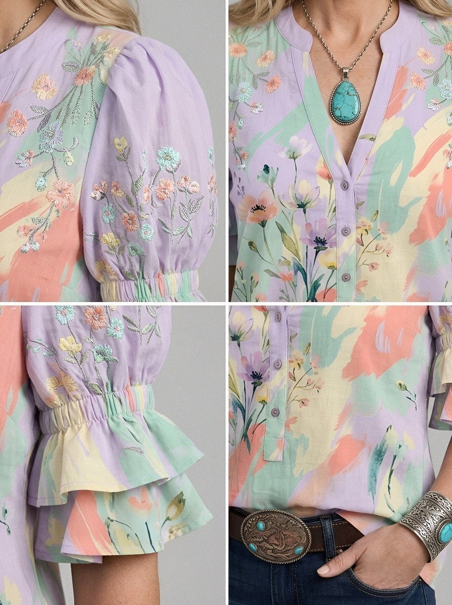 Women's Western Vintage Floral Watercolor Printed V-Neck Top