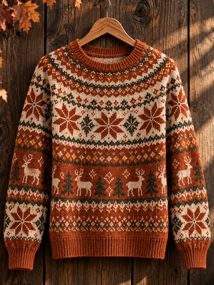 Women's Winter Forest Deer & Snowflake Pattern Knit Sweater