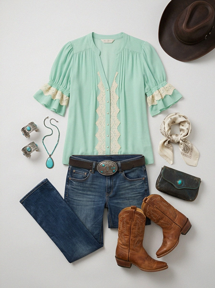 Women's Western Vintage Lace Trim Puff Sleeve Blouse