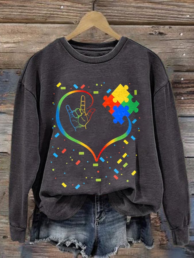 Retro Autism Awarenes I Love You Hand Sign Language Love Heart Puzzle Print Sweatshirt