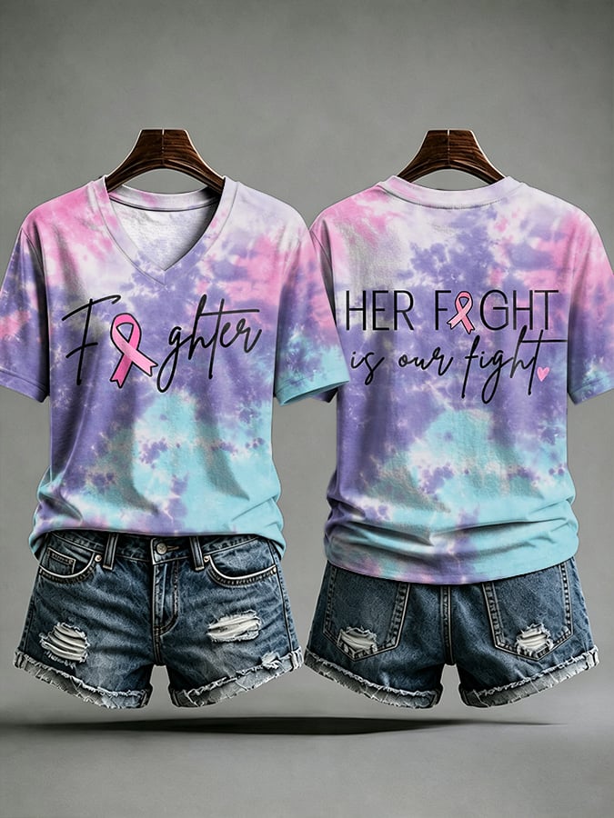 V-Neck Retro Breast Cancer Awareness Tie-Dye Fighter Pink Ribbon Her Fight Is Our Fight Print T-Shirt