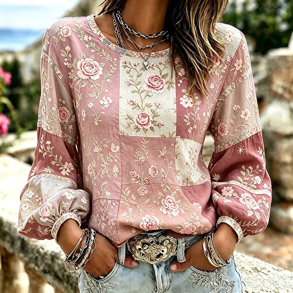 Women's Vintage Pink Floral Art Patchwork Linen Cotton Blend Crew Neck Long Sleeve Top