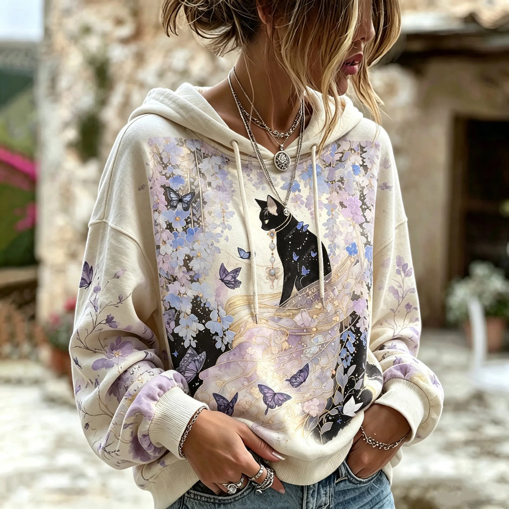 Women's Mysterious Black Cat Purple Floral Butterfly Print Bohemian Style Loose Casual Pullover Sweatshirt