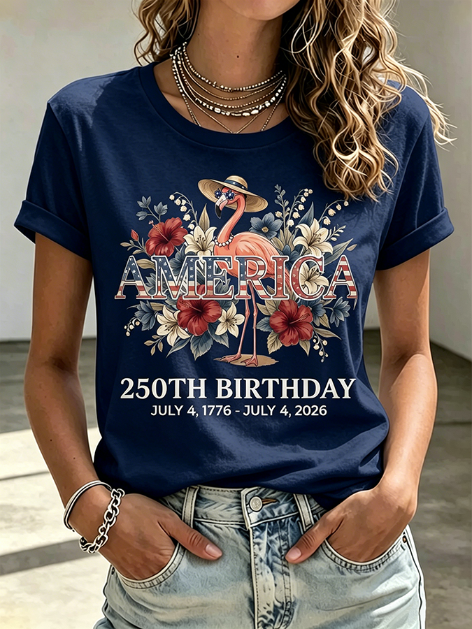 Ladies' Casual American 250Th Anniversary Flamingo Floral Commemorative Round Neck Short Sleeved T-Shirt