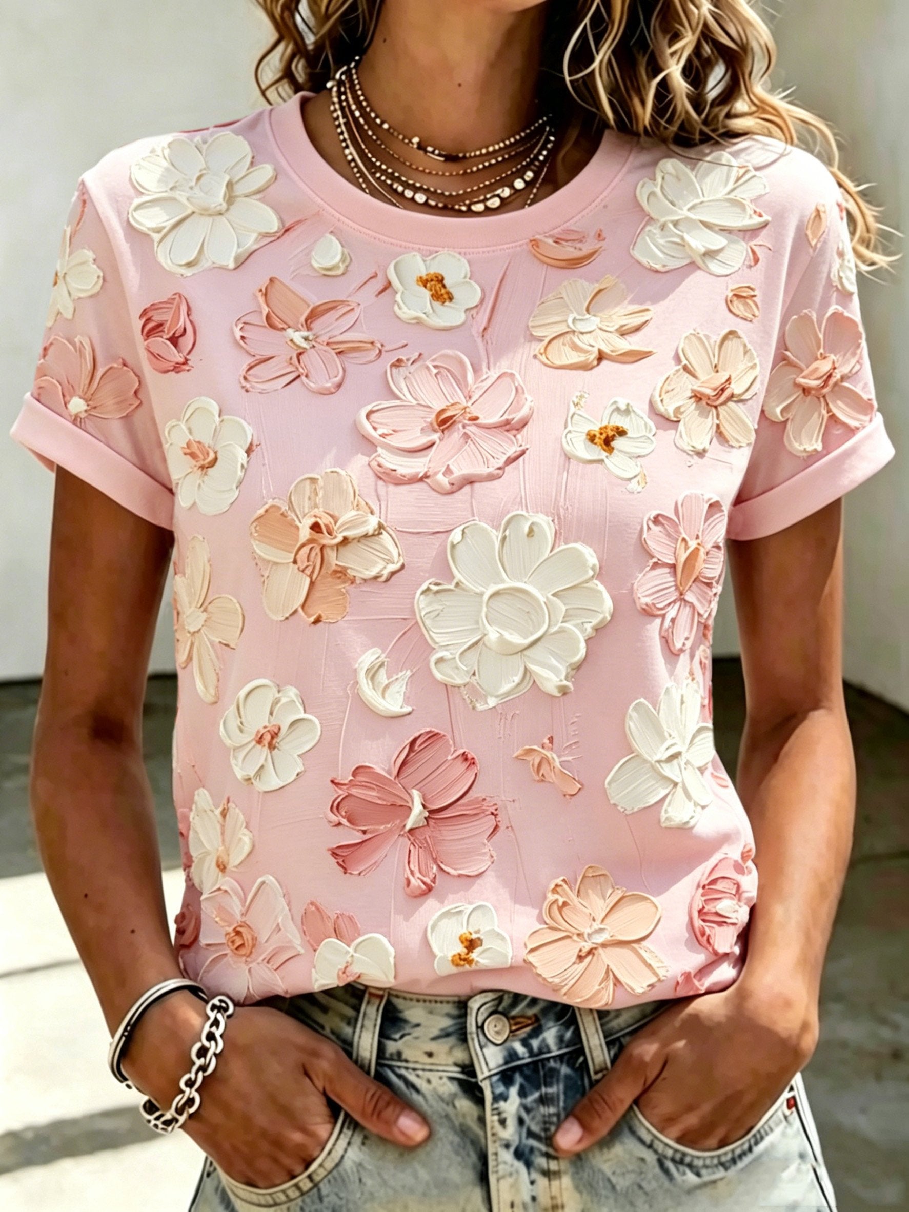 Women's Casual Crew-Neck Top with Oil-Painting-Style Textured Floral Print