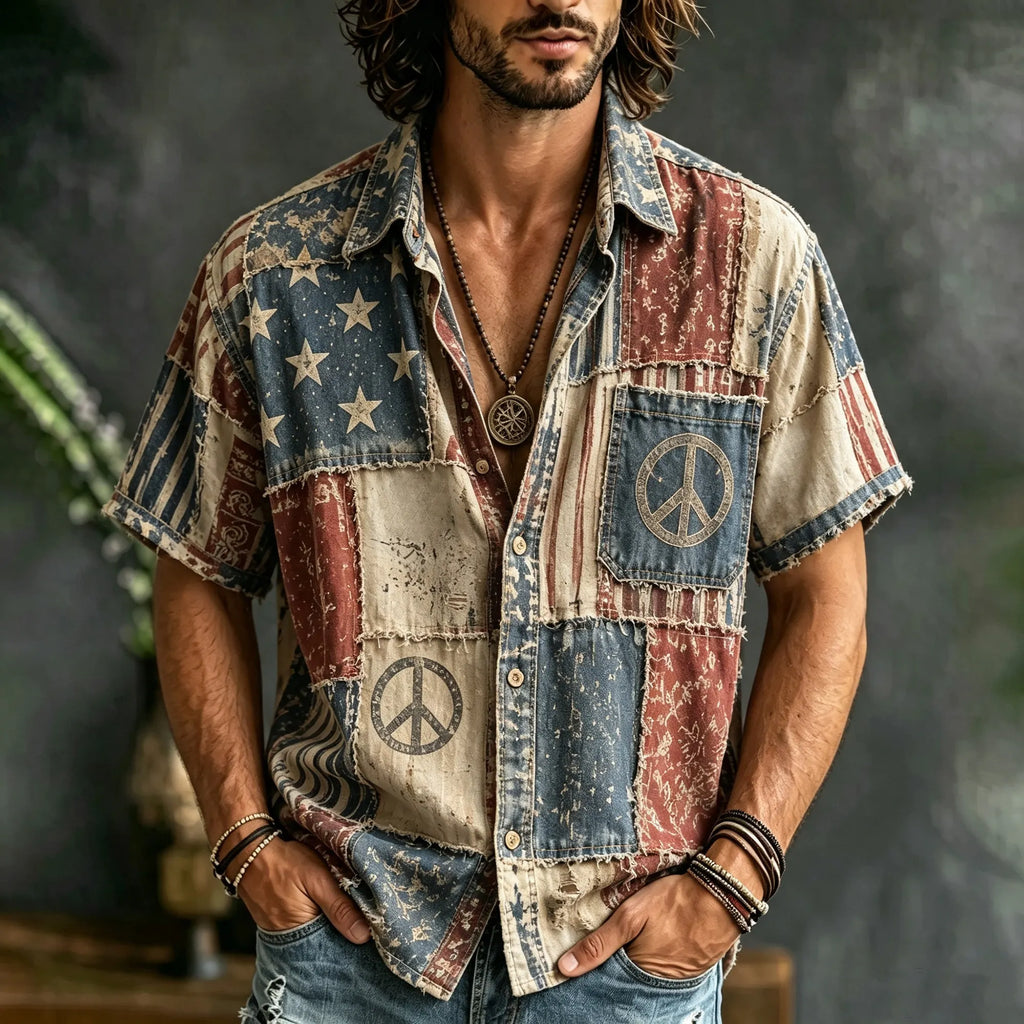 Vintage Hippie Peace Sign American Flag Star Stripes Patchwork Shirt