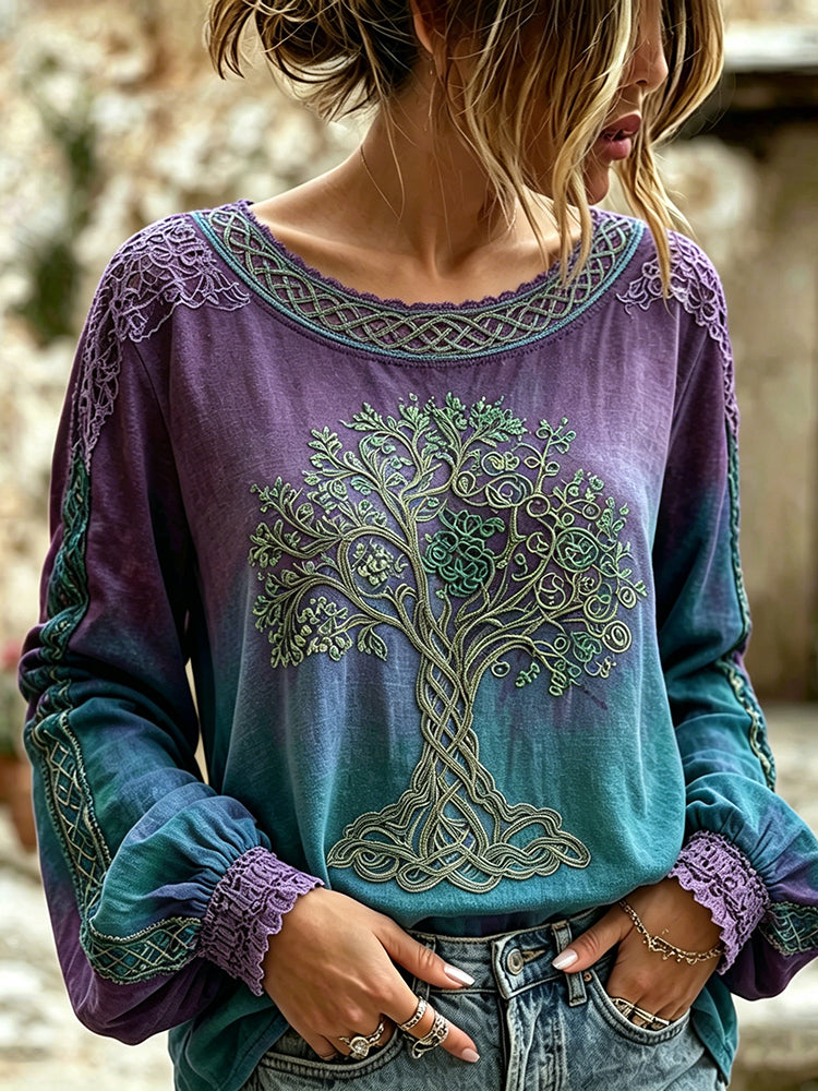 Women's Retro Viking Tree Of Life Pattern Casual Long-sleeve T-shirt