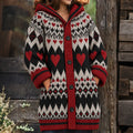 Women's Retro Color Block Heart Jacquard Thermal Hooded Cardigan