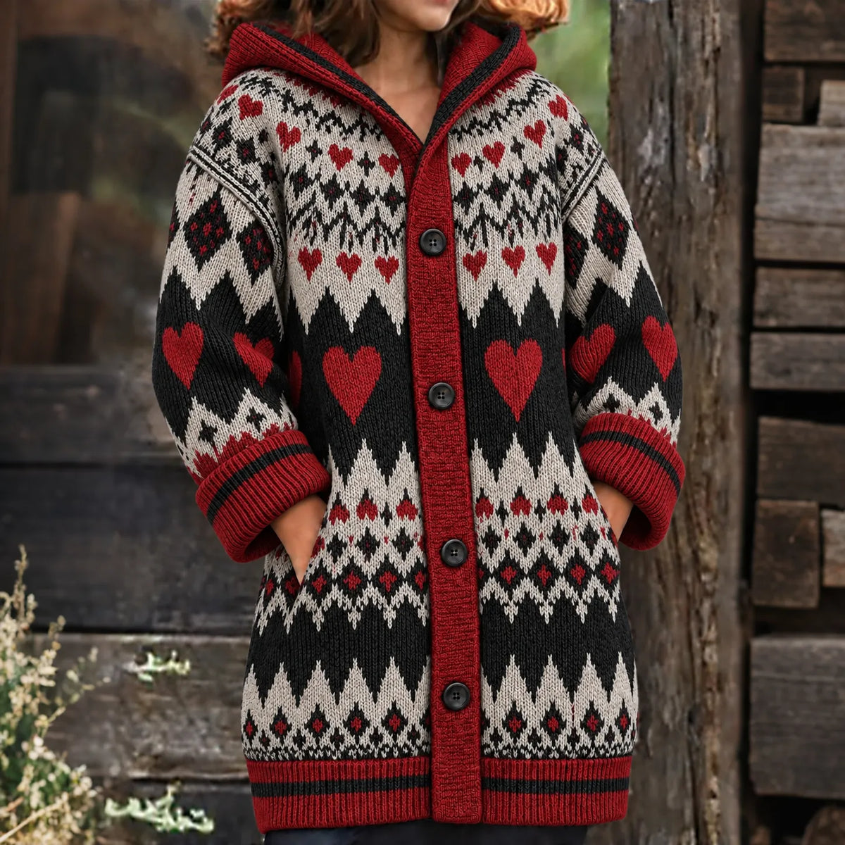 Women's Retro Color Block Heart Jacquard Thermal Hooded Cardigan