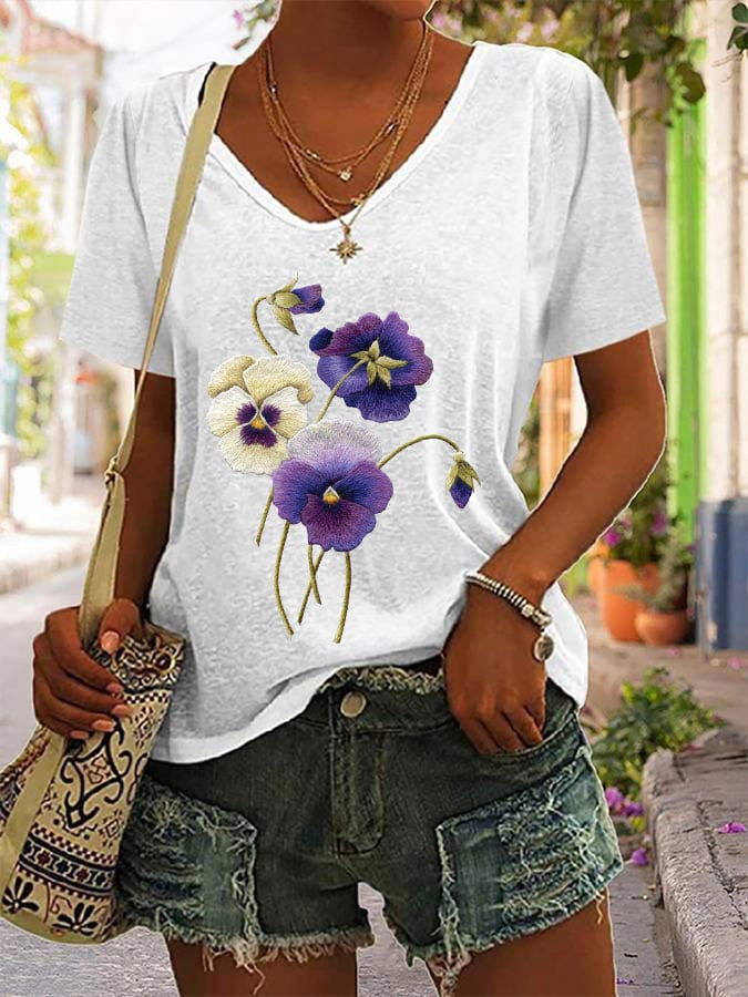 Women's Alzheimer's Purple Floral V-Neck T-Shirt