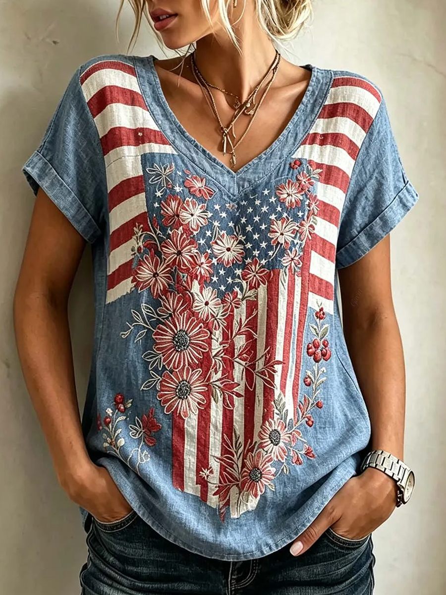 Women'S American Flag Elements Retro Print Linen Short-Sleeved T-Shirt