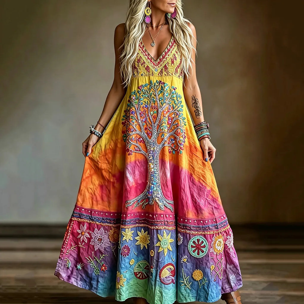 Women's Hippie Tree Of Life Floral Gradient Pattern Casual Linen Dress