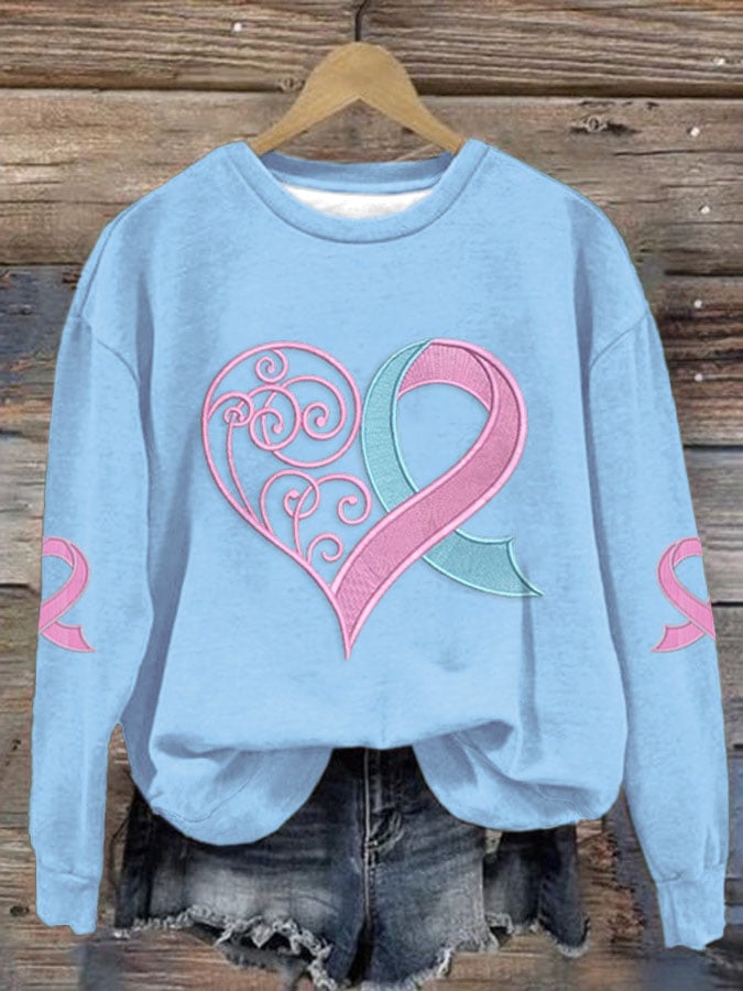 Women's Breast Cancer Awareness Print Love Heart Pink Ribbon Long Sleeve Sweatshirt