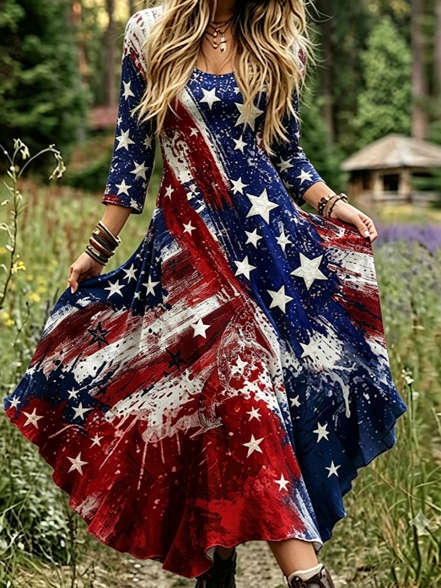 Women'S Retro Independence Day Faith Patch Printed Casual Round Neck Dress