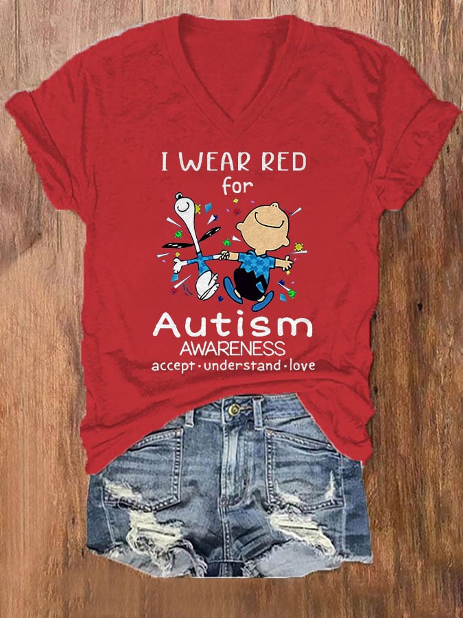 V-neck Autism Awareness I Wear Red For Autism Print T-Shirt