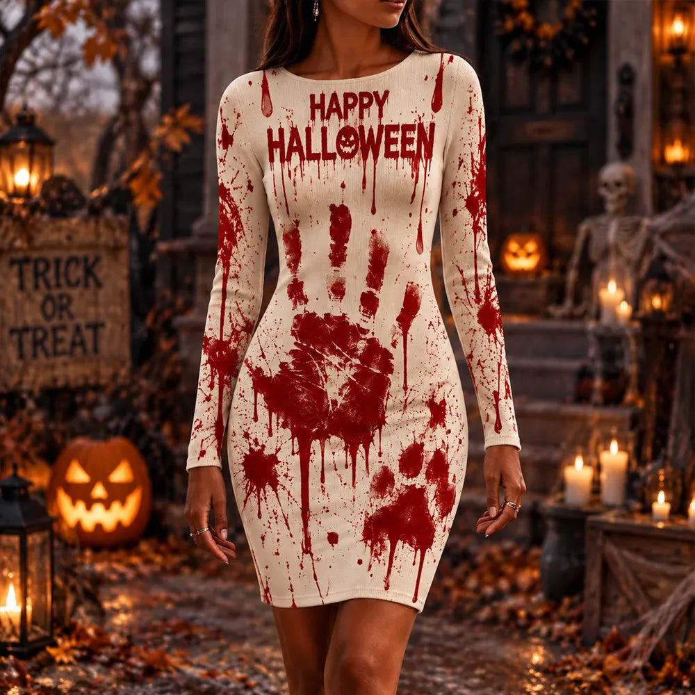 Women's Halloween Blood Handprint & "happy Halloween" Long Sleeve Bodycon Dress