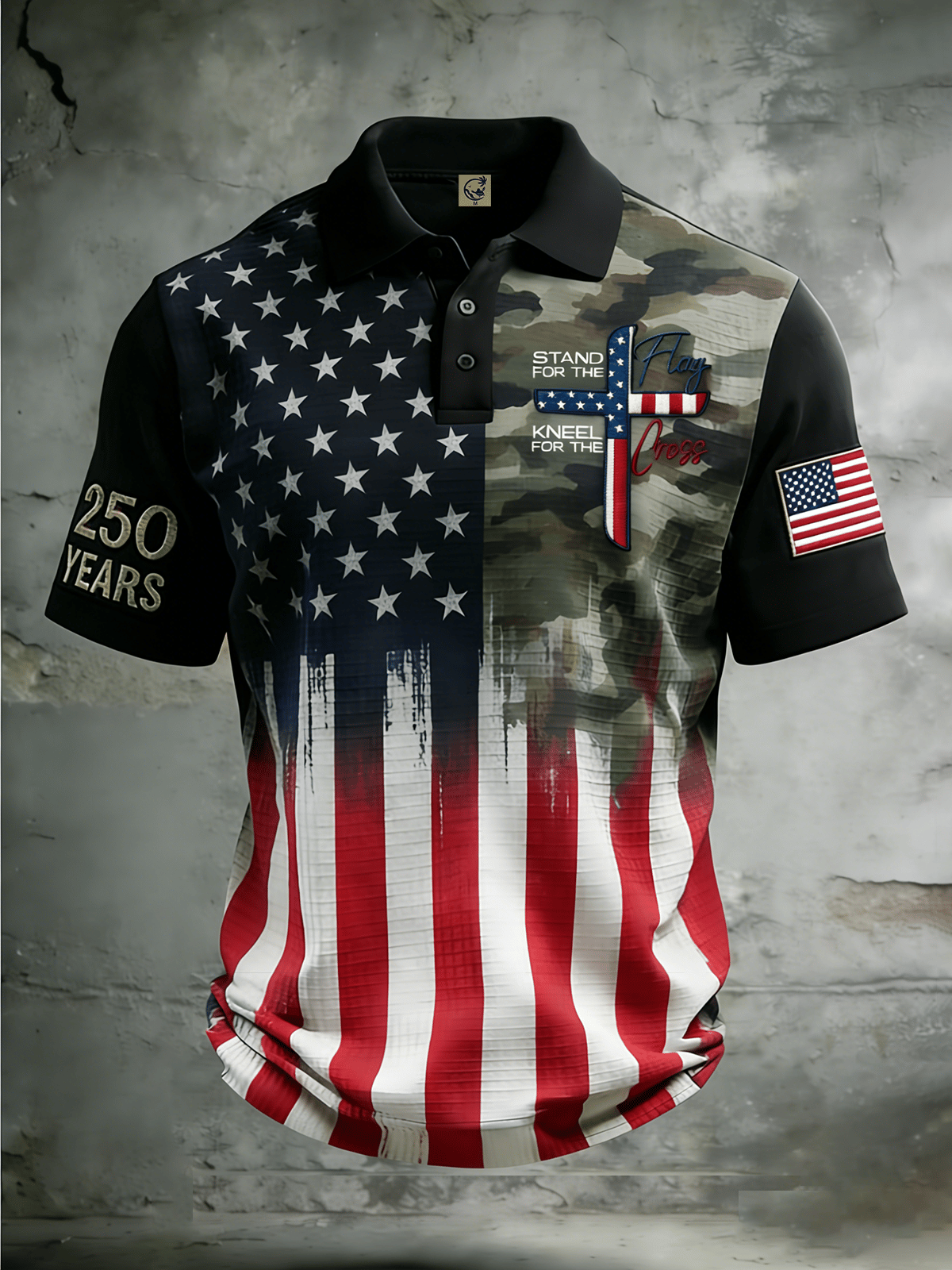 Men's Retro Flag & Cross Print Casual Waffle-Knit Polo Shirt