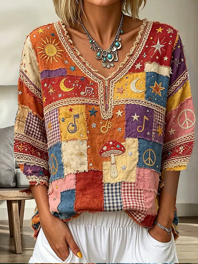 Women's Hippie Sun Moon Stars And Music Art Patchwork Vintage Cotton Linen Casual V-neck Top