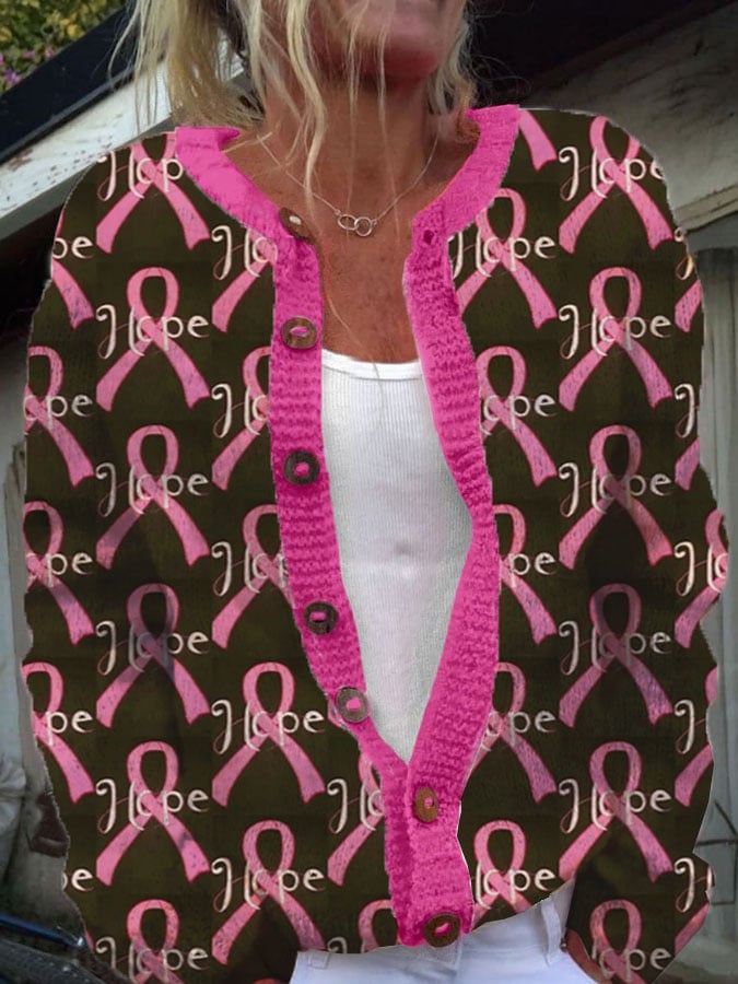 Women's Breast Cancer Pink Ribbon Print Casual Sweater Cardigan