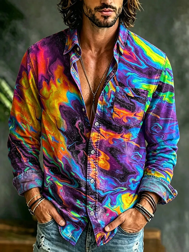 Men's Hippie Art Abstract Pattern Print Long Sleeves Linen Shirt