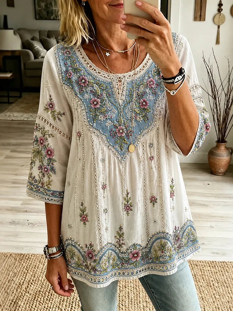 Women's Vintage Boho Floral Art Crew Neck Linen Blend T-shirt