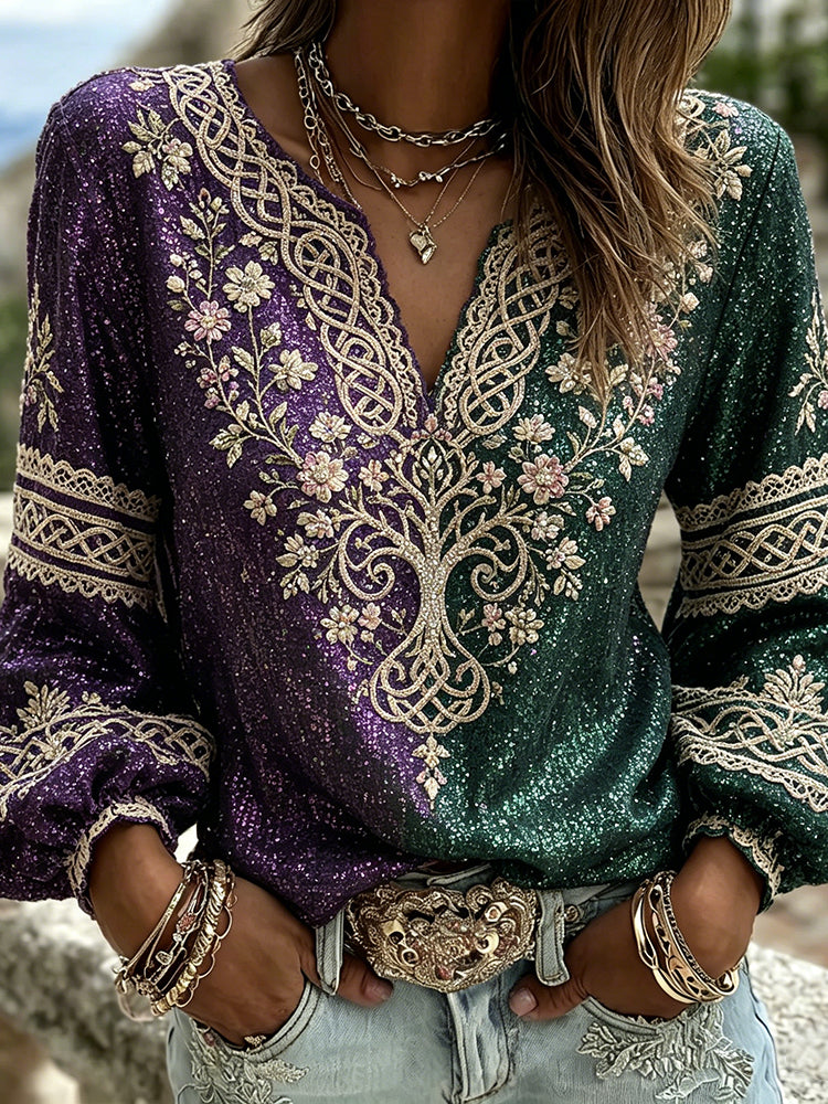 Vintage Viking Tree Of Life And Celtic Knot Color Block Sequin Casual V-neck Top