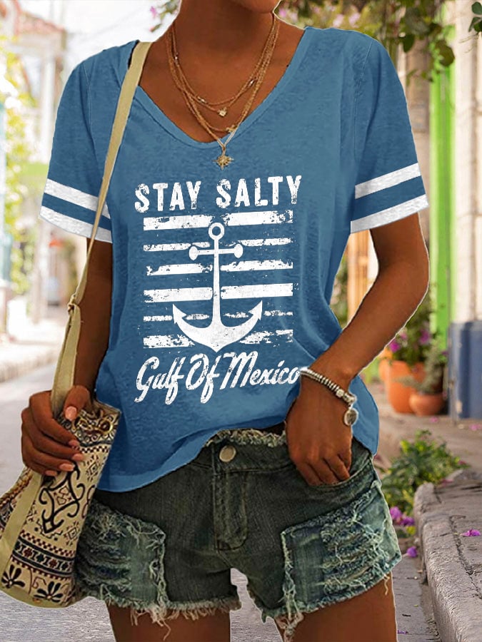 Women's Stay Salty Gulf Of Mexico Print V Neck T-Shirt