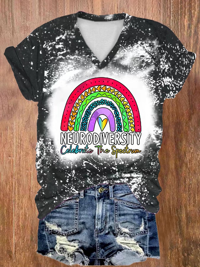V-Neck Tie Dye Autism Awareness Neurodiversity Celebrate The Spectrum Print T-Shirt
