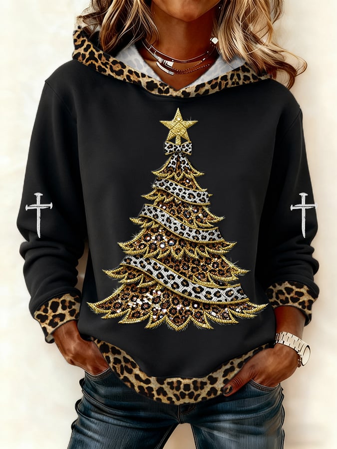 Women's Casual Leopard Print Christmas Tree Hoodie
