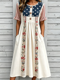 Women's Flag and Floral Color Block Print Round Neck Button Dress
