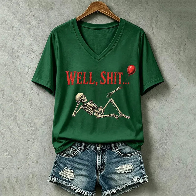 Women's Halloween Well, Shit... Print V Neck T-shirt