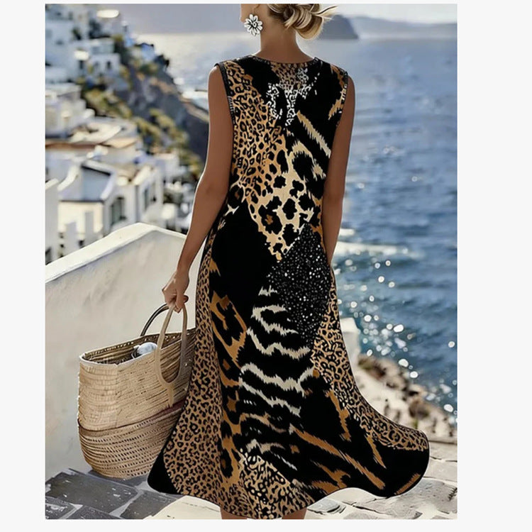 Patchwork Leopard Print Sleeveless Long Dress