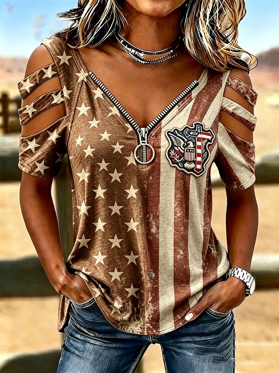 Female Faith Casual Hollowed Out Patriotic T-Shirt