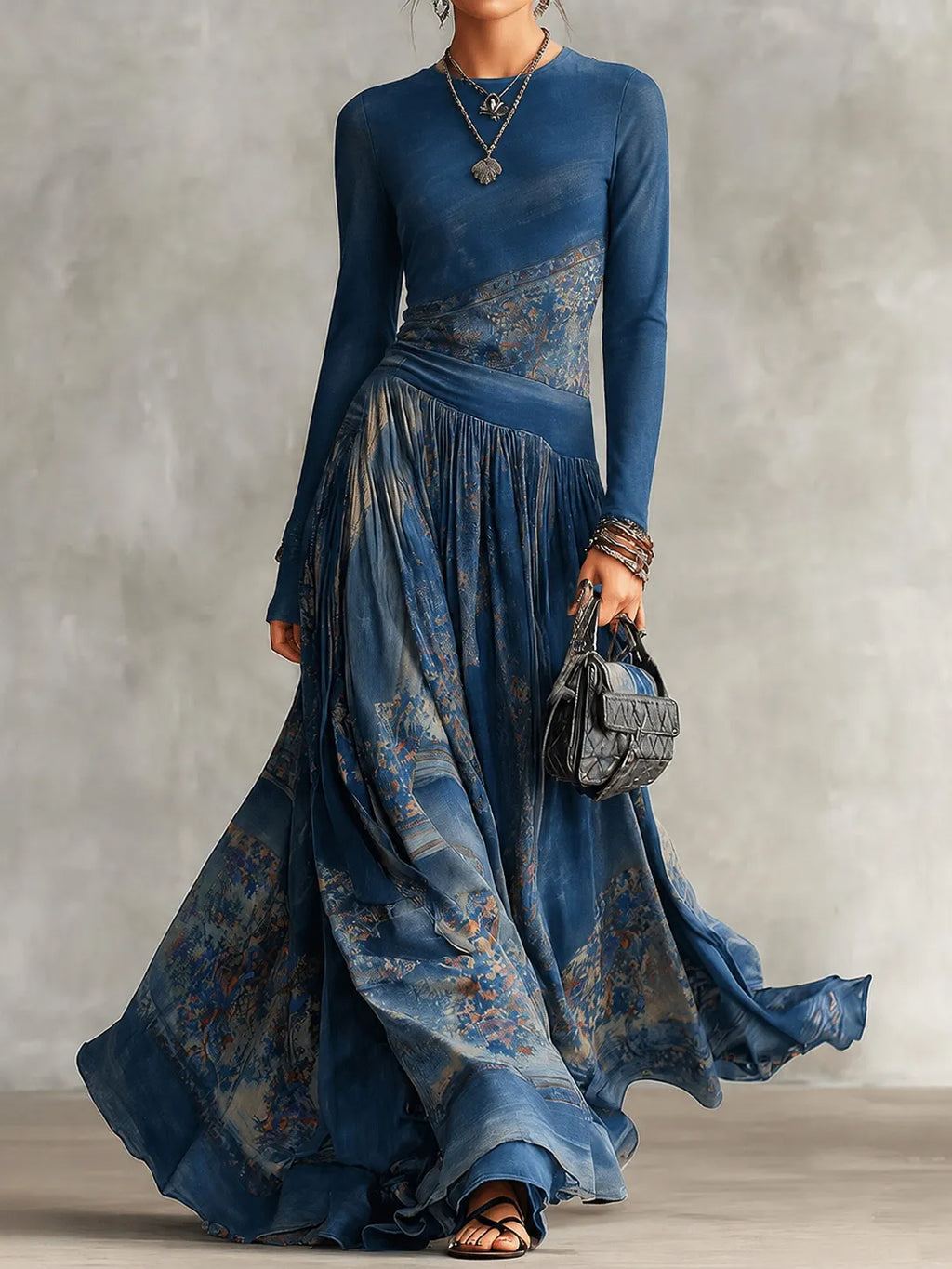 Elegant Retro Printed Long Sleeves Maxi Dress
