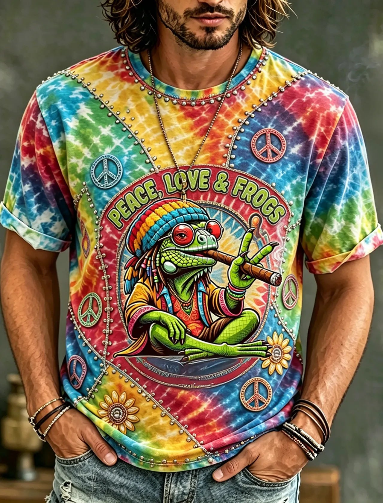 Men's Vintage Hippie Floral And Frog In Patchwork Pattern Art Embroidered T-shirt