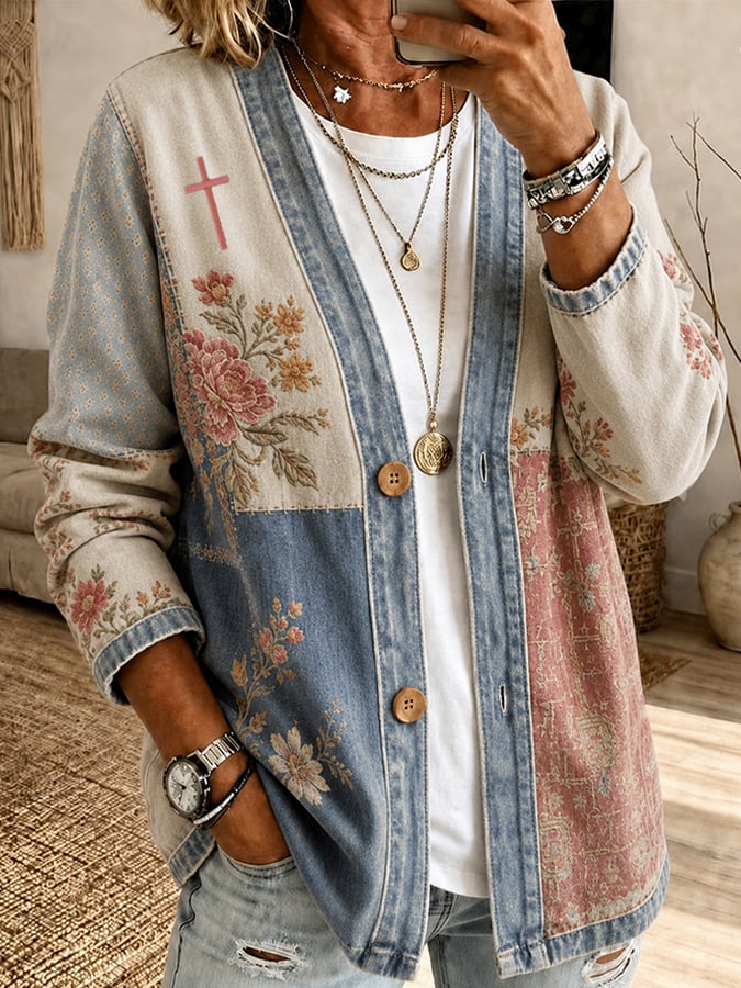 Women's Color-Block Cardigan with "Faith" Cross Print